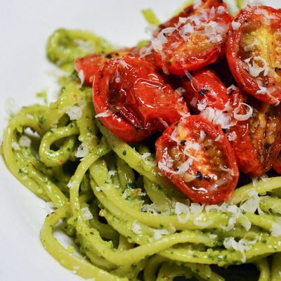 Basil-Almond Pesto with Roasted Tomatoes - Now You're Cooking